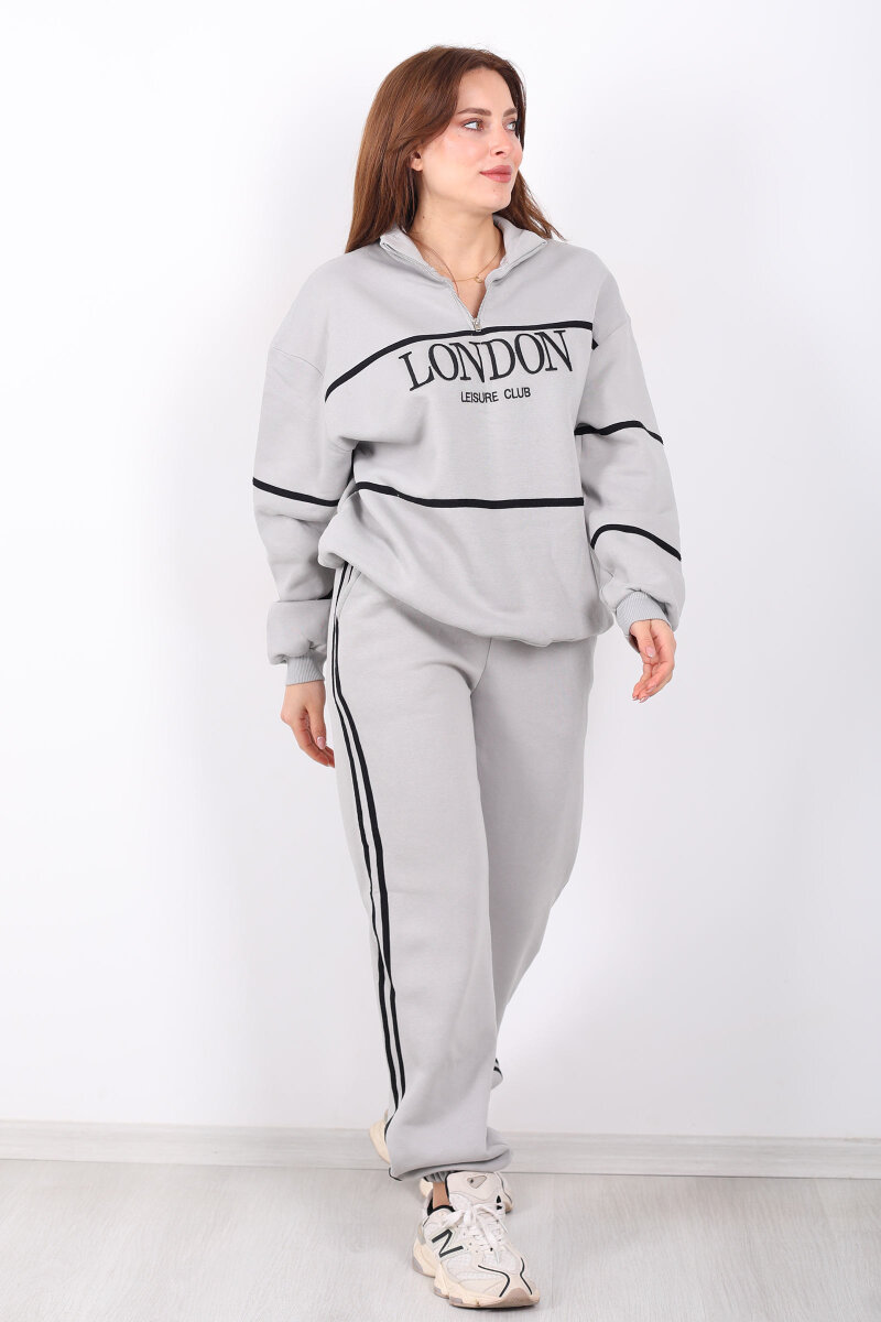 London Nakışlı Dik Yaka Gri Üç İplik Kadın Takım - 6