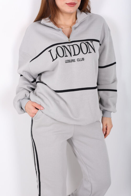 London Nakışlı Dik Yaka Gri Üç İplik Kadın Takım - 2