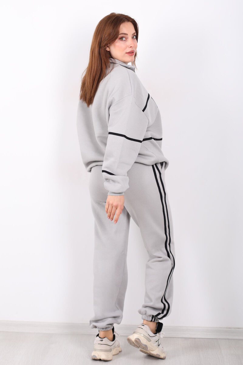 London Nakışlı Dik Yaka Gri Üç İplik Kadın Takım - 5