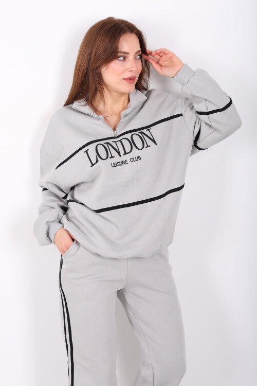 London Nakışlı Dik Yaka Gri Üç İplik Kadın Takım 