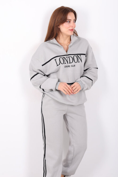 London Nakışlı Dik Yaka Gri Üç İplik Kadın Takım - 4