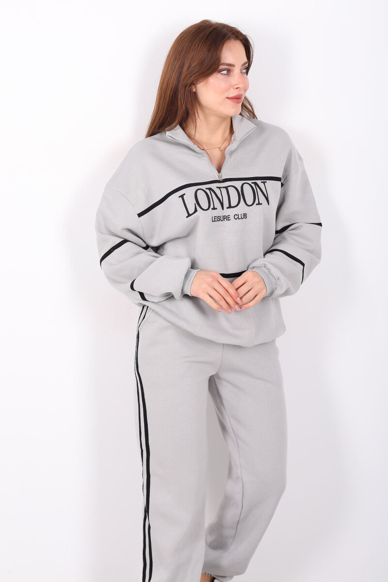London Nakışlı Dik Yaka Gri Üç İplik Kadın Takım - 4