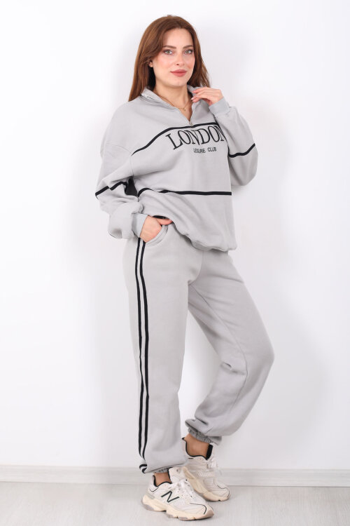 London Nakışlı Dik Yaka Gri Üç İplik Kadın Takım - 3