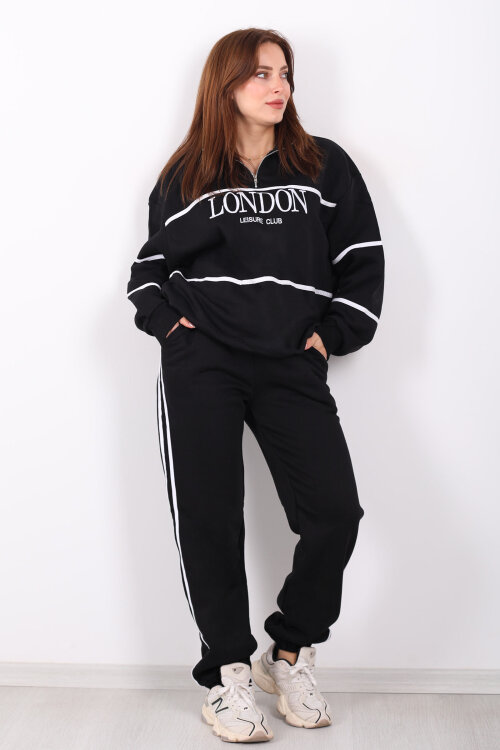 London Nakışlı Dik Yaka Siyah Üç İplik Kadın Takım - 7