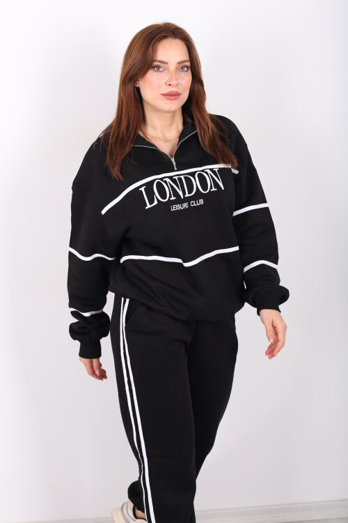 London Nakışlı Dik Yaka Siyah Üç İplik Kadın Takım - Berox