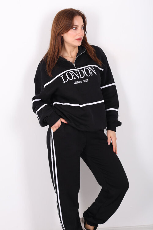 London Nakışlı Dik Yaka Siyah Üç İplik Kadın Takım - 4