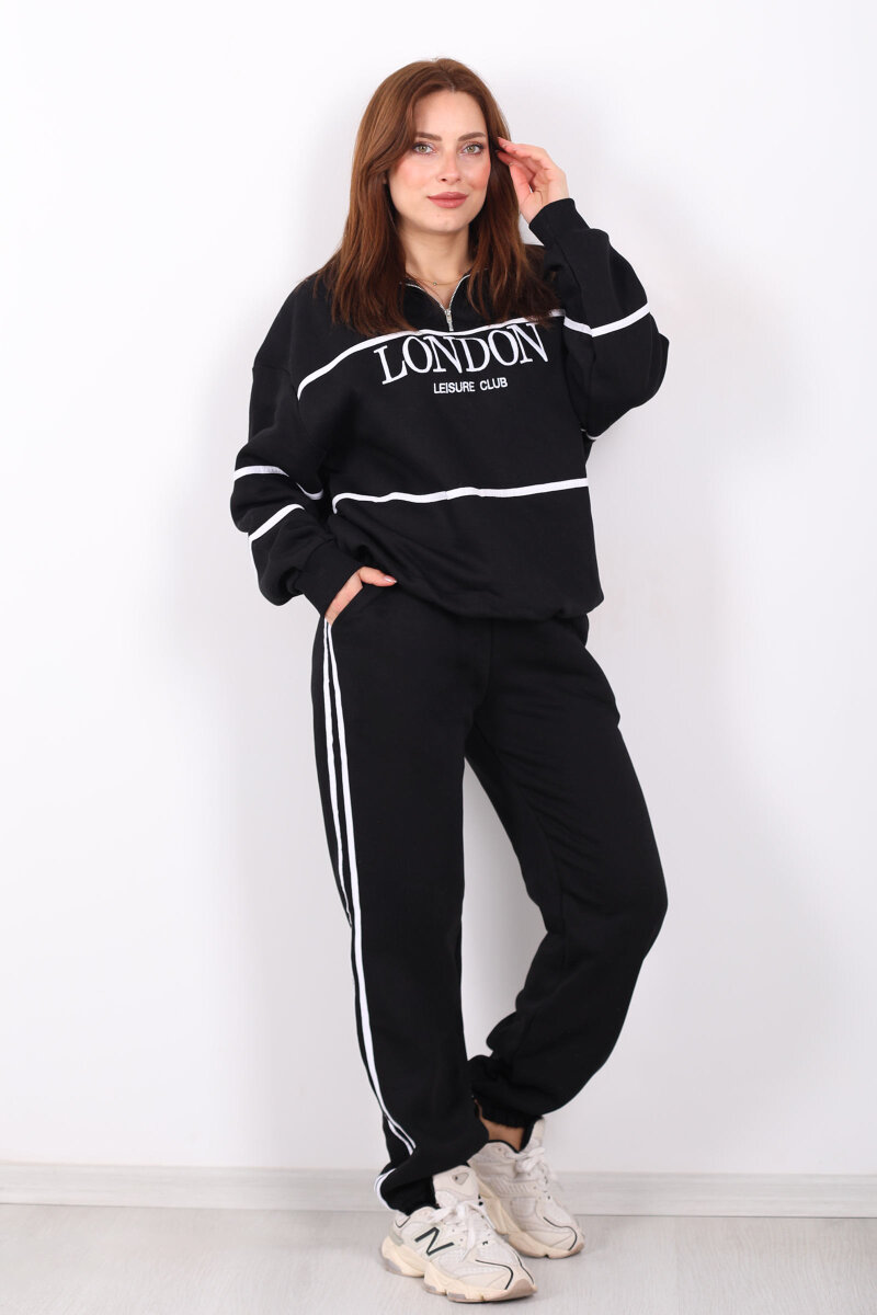 London Nakışlı Dik Yaka Siyah Üç İplik Kadın Takım - 3