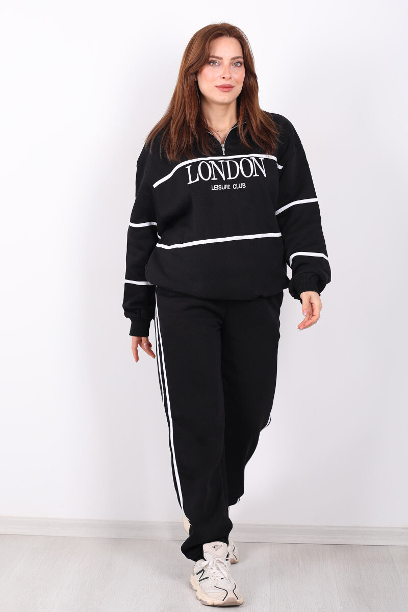 London Nakışlı Dik Yaka Siyah Üç İplik Kadın Takım - 5