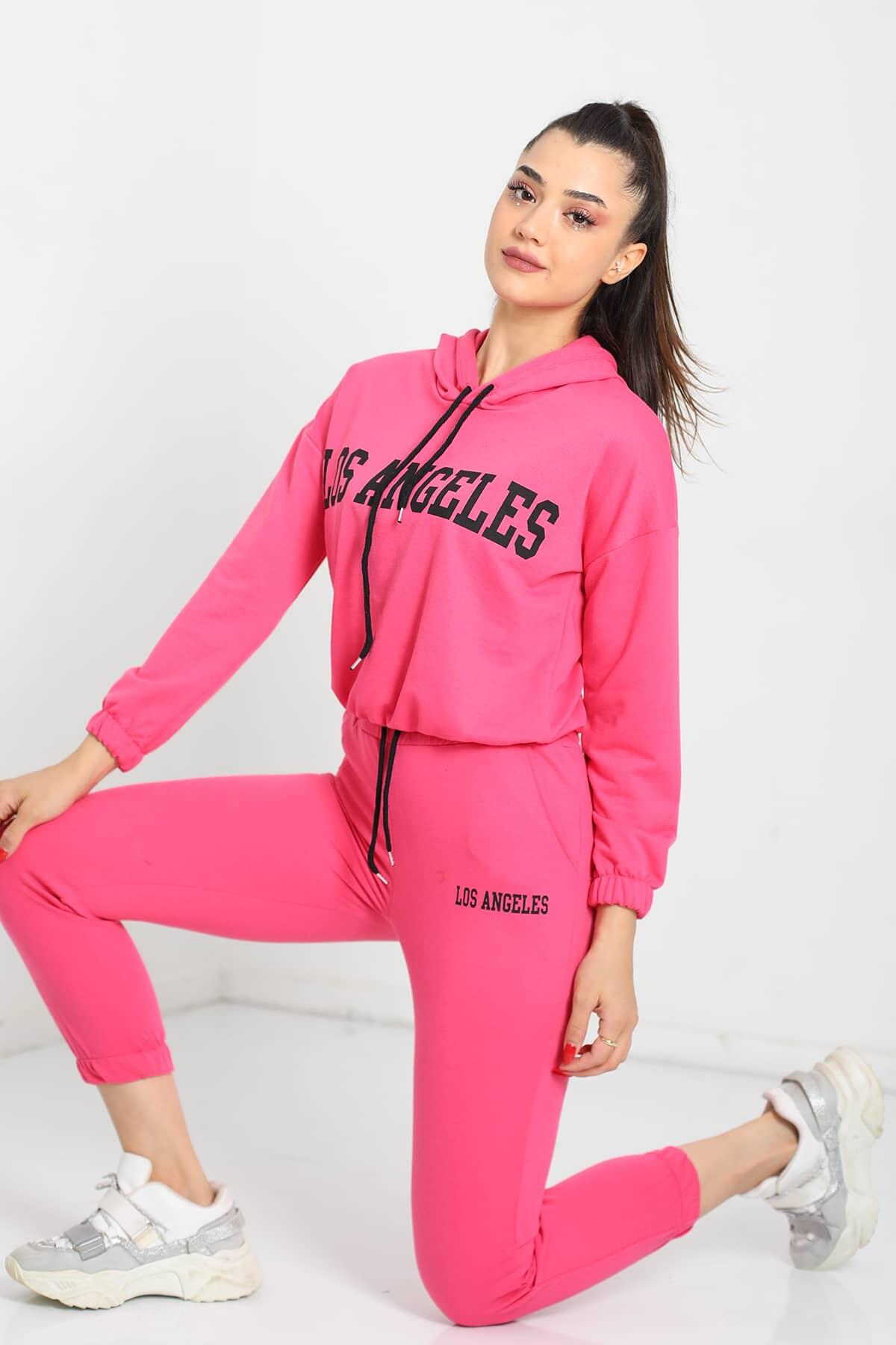 Los Angeles Baskılı Kapüşonlu Pembe Kadın Sweat Takım