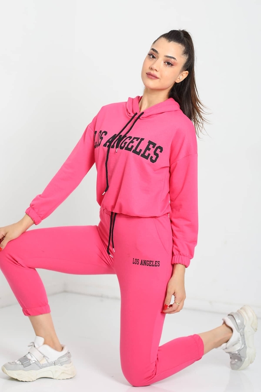 Los Angeles Baskılı Kapüşonlu Pembe Kadın Sweat Takım - 1
