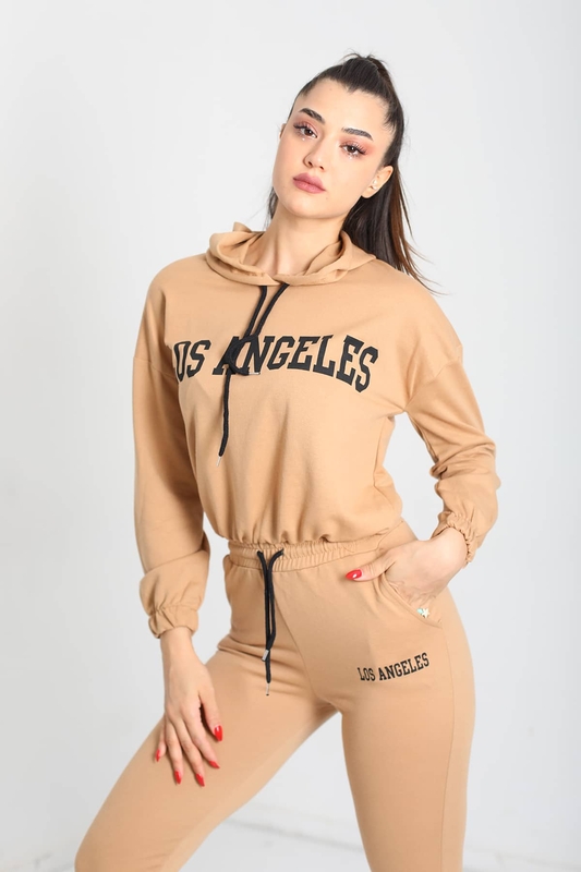 Los Angeles Baskılı Kapüşonlu Vizon Kadın Sweat Takım - 2