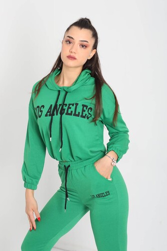 Los Angeles Baskılı Kapüşonlu Zümrüt Yeşili Kadın Sweat Takım - 3