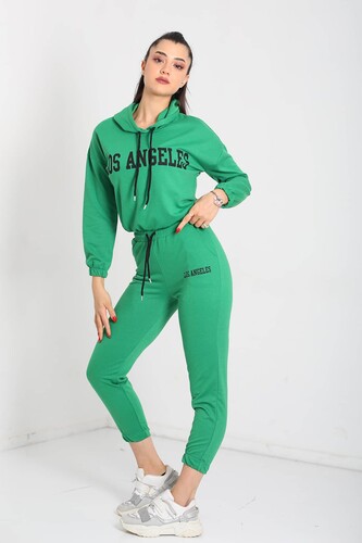 Los Angeles Baskılı Kapüşonlu Zümrüt Yeşili Kadın Sweat Takım 