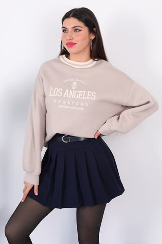 Los Angeles Nakışlı Yaka Şeritli Bej Kadın Üç İplik Sweat - Berox