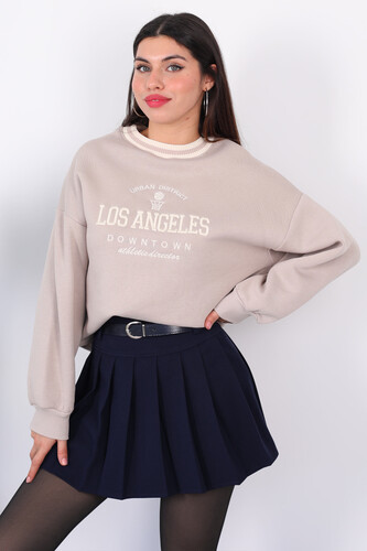 Los Angeles Nakışlı Yaka Şeritli Bej Kadın Üç İplik Sweat - 3