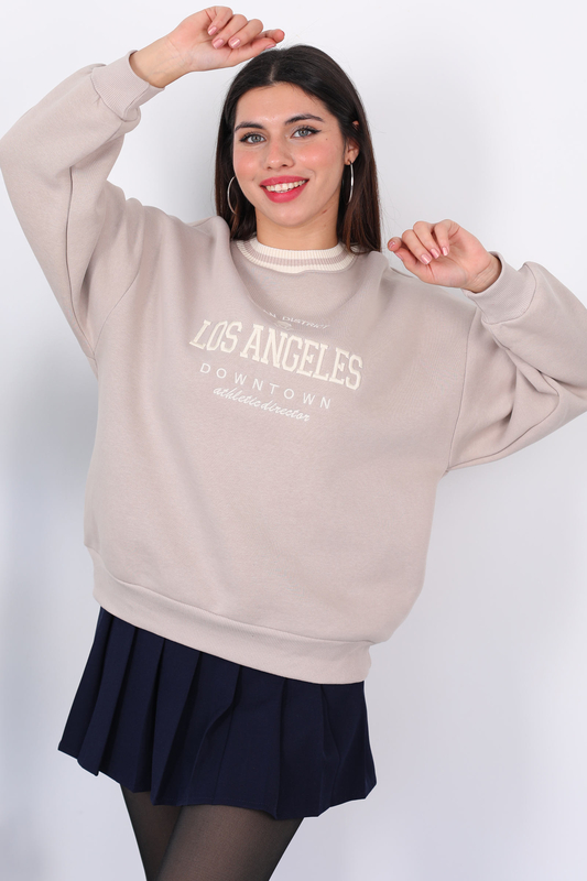 Los Angeles Nakışlı Yaka Şeritli Bej Kadın Üç İplik Sweat - 4