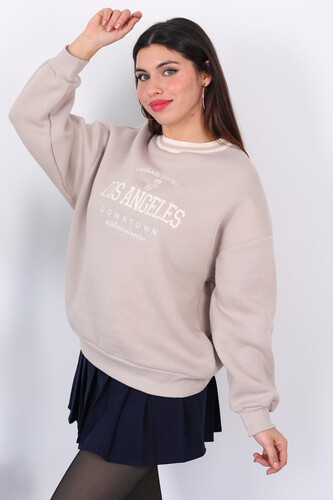 Los Angeles Nakışlı Yaka Şeritli Bej Kadın Üç İplik Sweat - 5