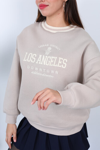 Los Angeles Nakışlı Yaka Şeritli Bej Kadın Üç İplik Sweat - 6