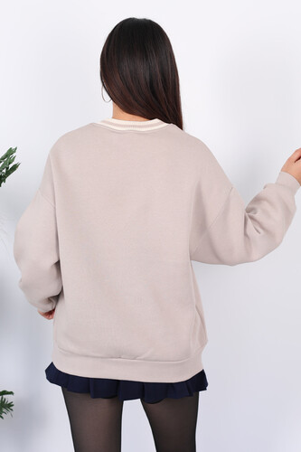 Los Angeles Nakışlı Yaka Şeritli Bej Kadın Üç İplik Sweat - 7