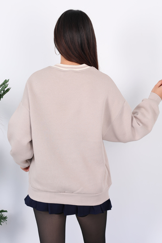 Los Angeles Nakışlı Yaka Şeritli Bej Kadın Üç İplik Sweat - 7