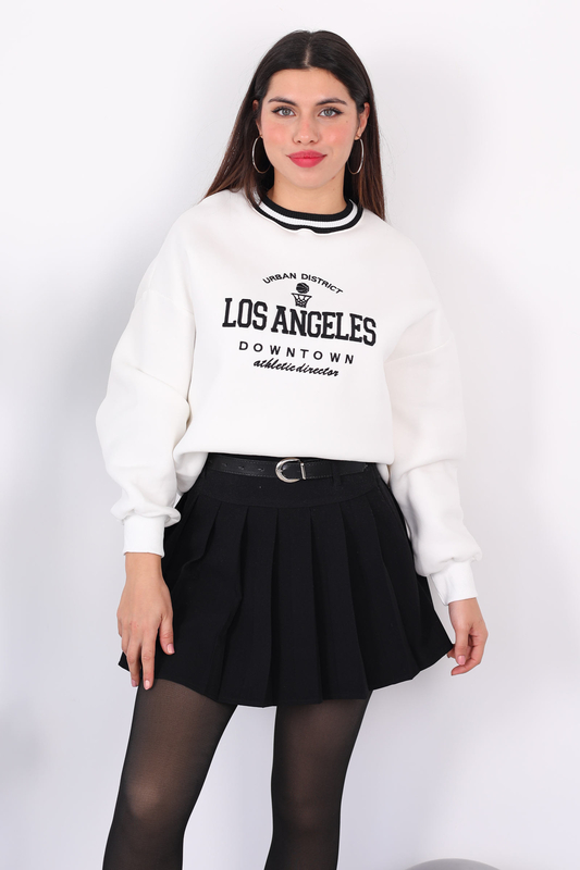 Los Angeles Nakışlı Yaka Şeritli Ekru Kadın Üç İplik Sweat - 2