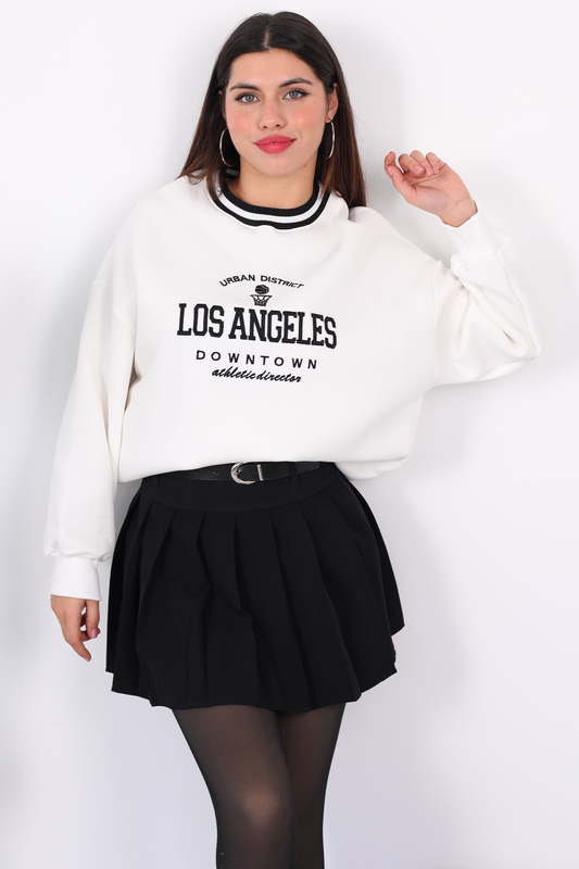 Los Angeles Nakışlı Yaka Şeritli Ekru Kadın Üç İplik Sweat - 3