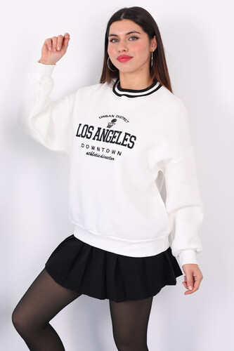 Los Angeles Nakışlı Yaka Şeritli Ekru Kadın Üç İplik Sweat - 4