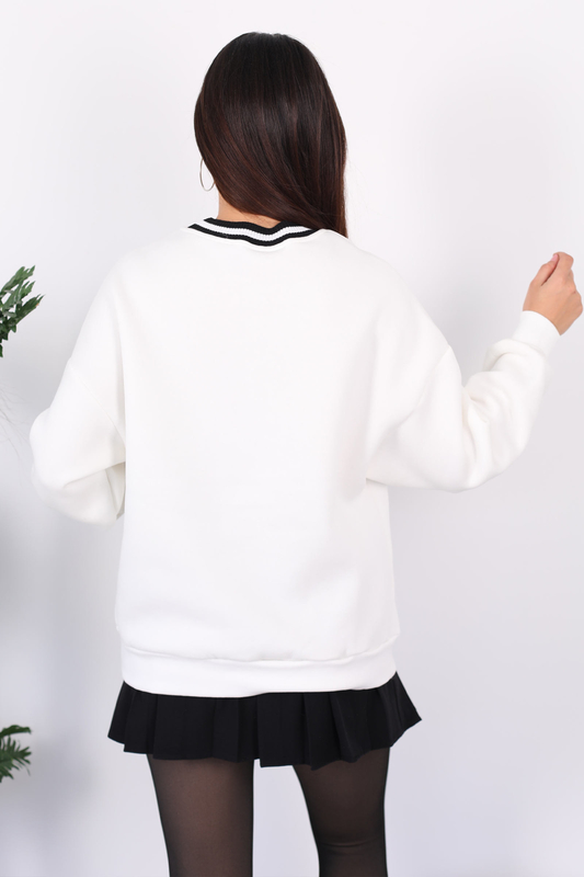 Los Angeles Nakışlı Yaka Şeritli Ekru Kadın Üç İplik Sweat - 6