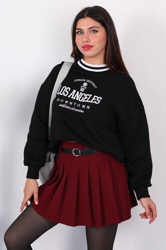 Los Angeles Nakışlı Yaka Şeritli Siyah Kadın Üç İplik Sweat - Berox
