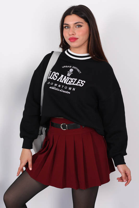 Los Angeles Nakışlı Yaka Şeritli Siyah Kadın Üç İplik Sweat - 1