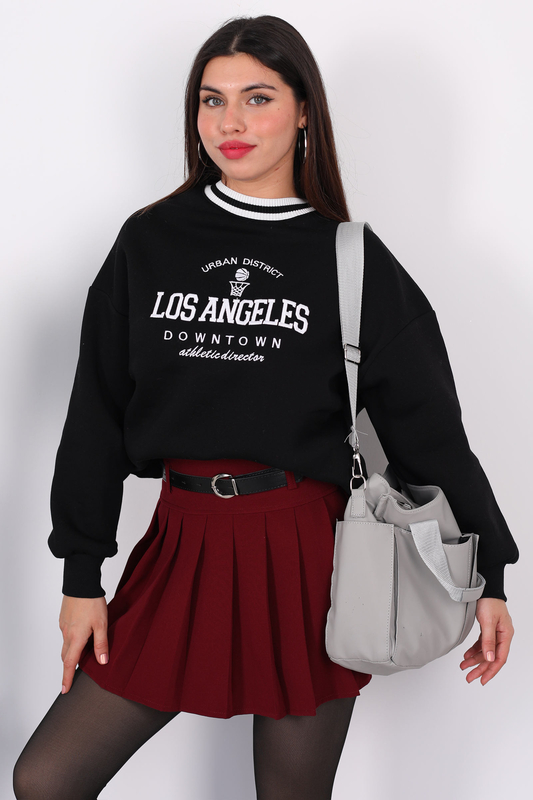 Los Angeles Nakışlı Yaka Şeritli Siyah Kadın Üç İplik Sweat - 2