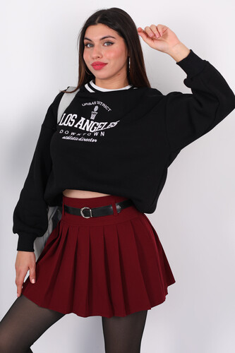 Los Angeles Nakışlı Yaka Şeritli Siyah Kadın Üç İplik Sweat - 3