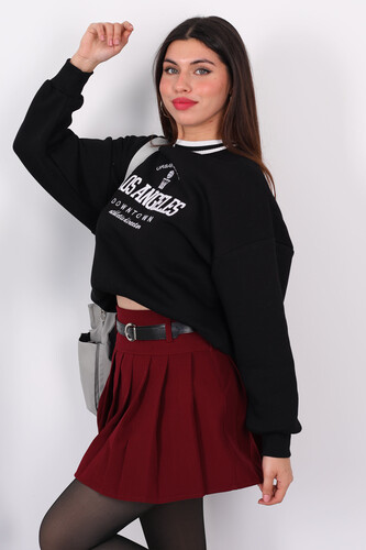 Los Angeles Nakışlı Yaka Şeritli Siyah Kadın Üç İplik Sweat - 4