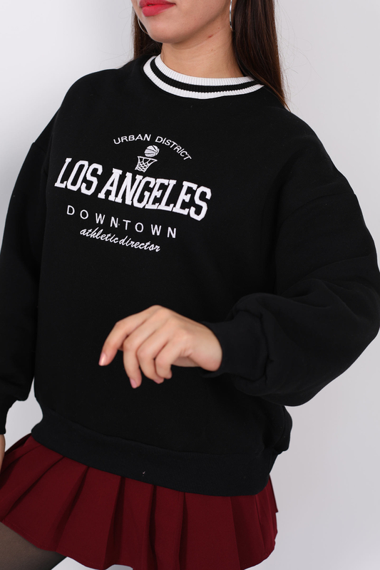 Los Angeles Nakışlı Yaka Şeritli Siyah Kadın Üç İplik Sweat - 6