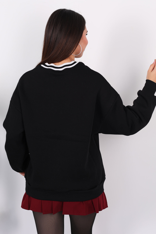 Los Angeles Nakışlı Yaka Şeritli Siyah Kadın Üç İplik Sweat - 7
