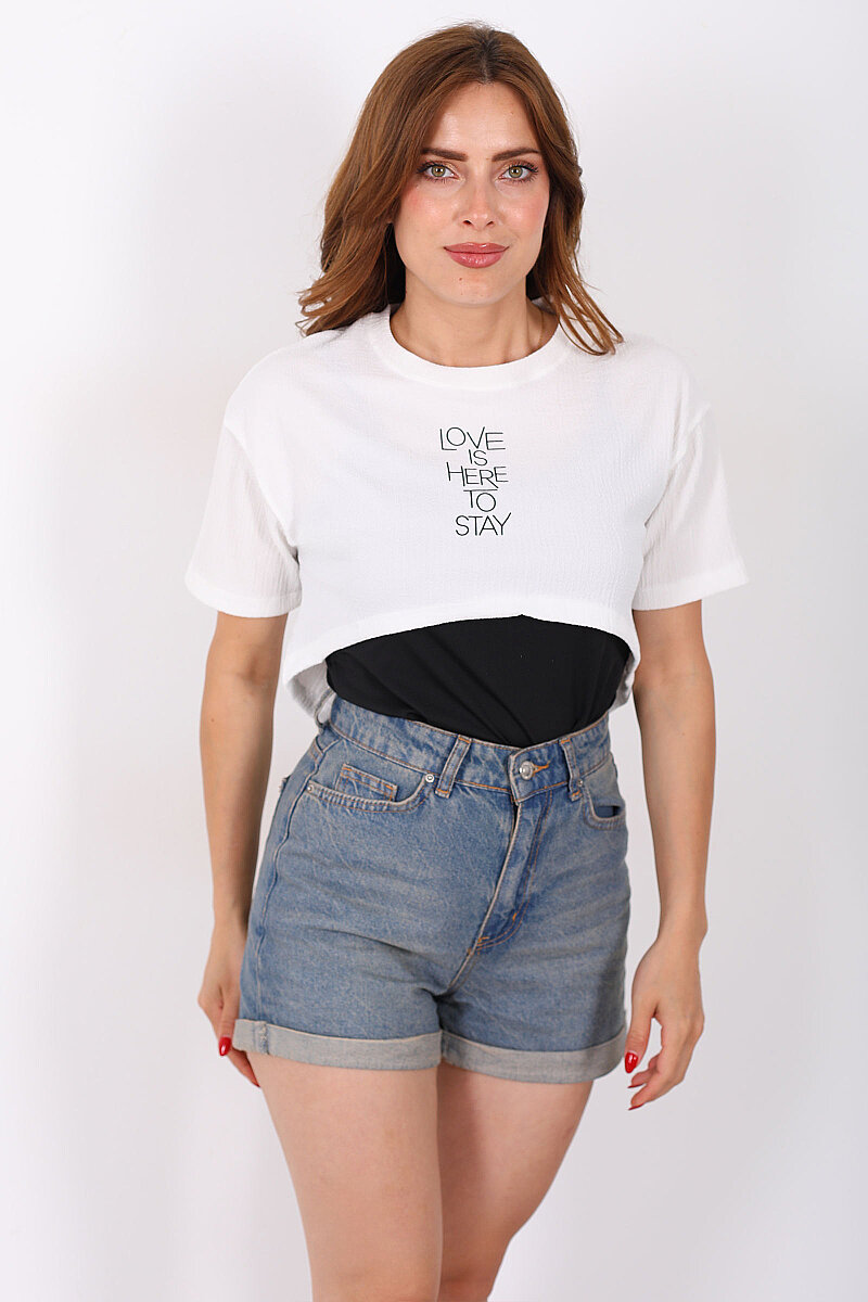 Love Baskılı Beyaz Kadın Atlet-Tshirt İkili Takım - 3