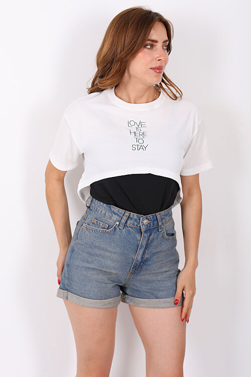Love Baskılı Beyaz Kadın Atlet-Tshirt İkili Takım - 5