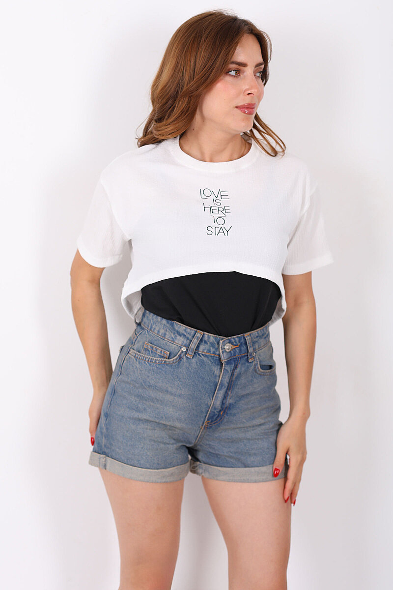 Love Baskılı Beyaz Kadın Atlet-Tshirt İkili Takım - 5