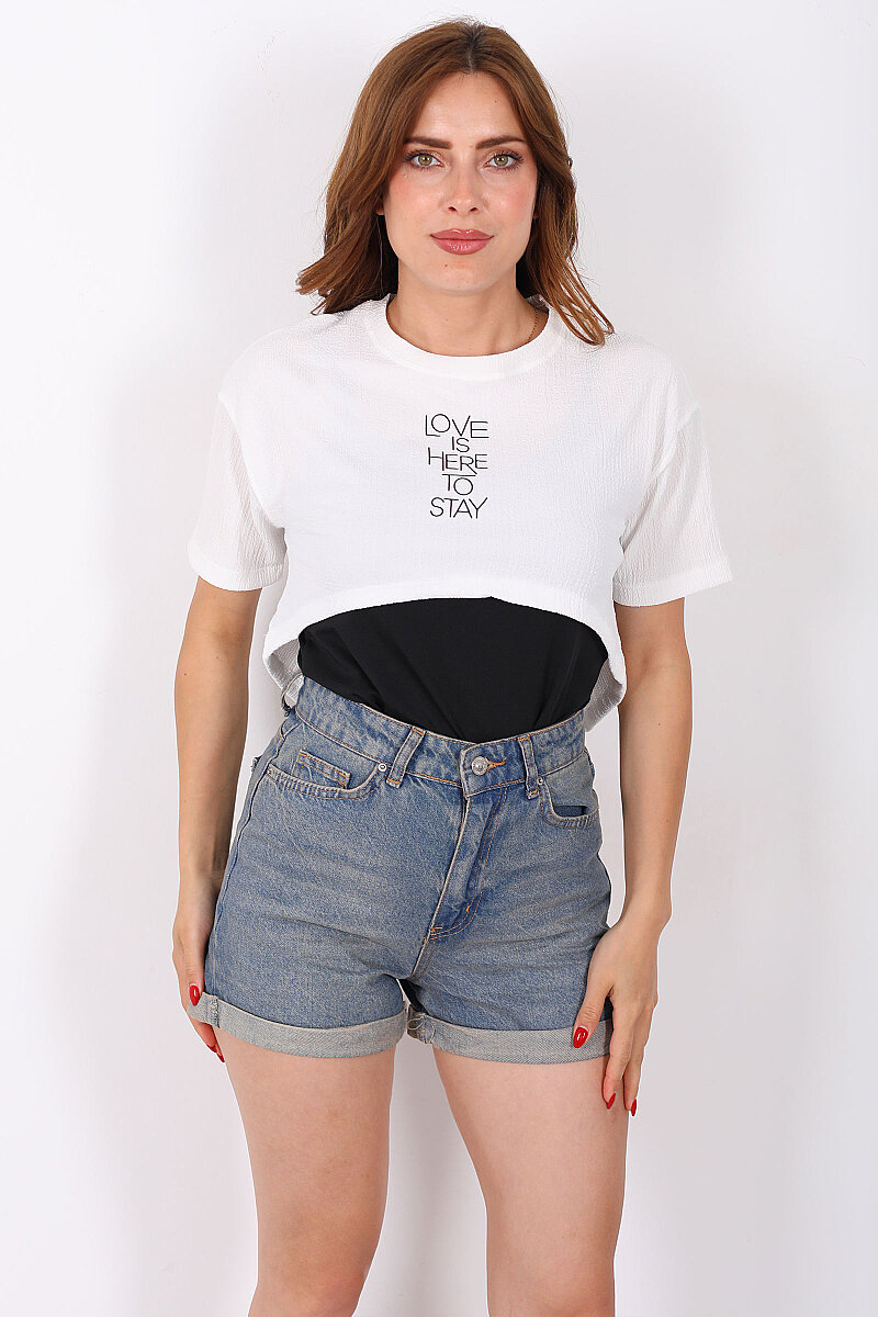 Love Baskılı Beyaz Kadın Atlet-Tshirt İkili Takım - 1
