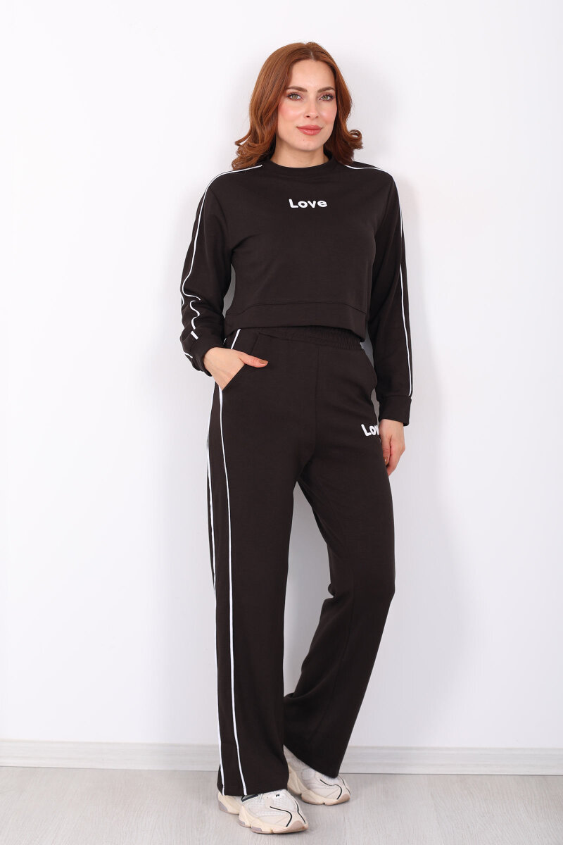 Love Baskılı Biyeli Kadın Acı Kahve Modal Takım - 7