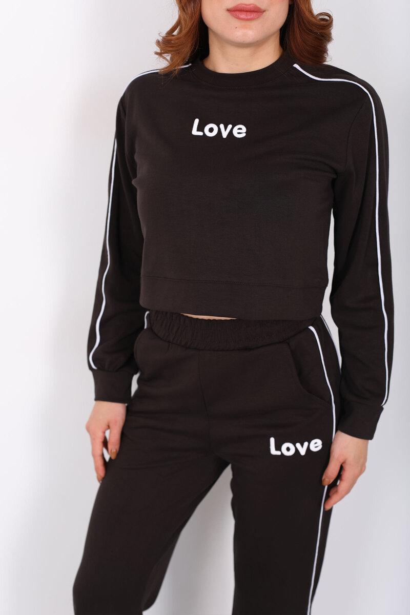 Love Baskılı Biyeli Kadın Acı Kahve Modal Takım - 2