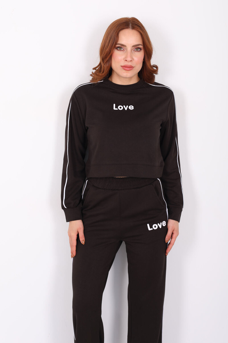 Love Baskılı Biyeli Kadın Acı Kahve Modal Takım - 6