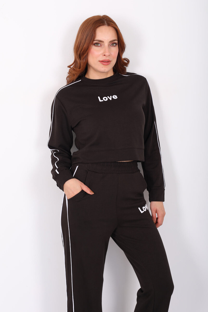 Love Baskılı Biyeli Kadın Acı Kahve Modal Takım - 4