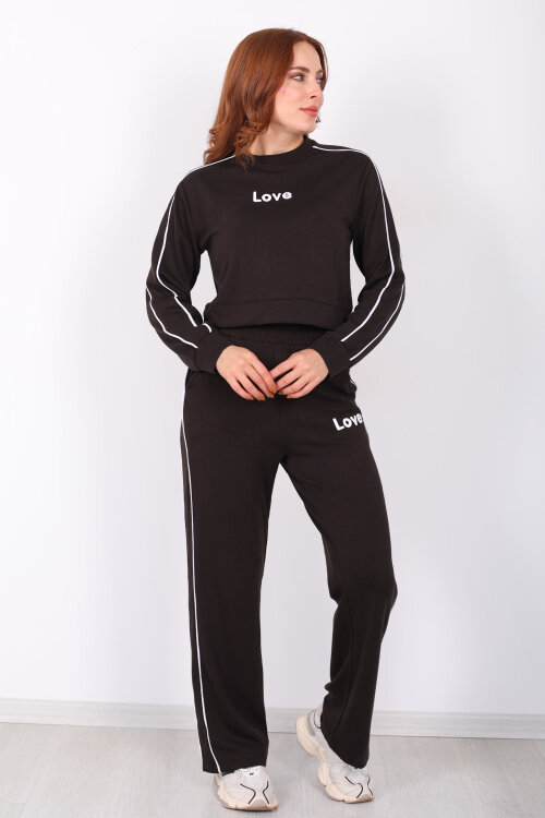 Love Baskılı Biyeli Kadın Acı Kahve Modal Takım - 3