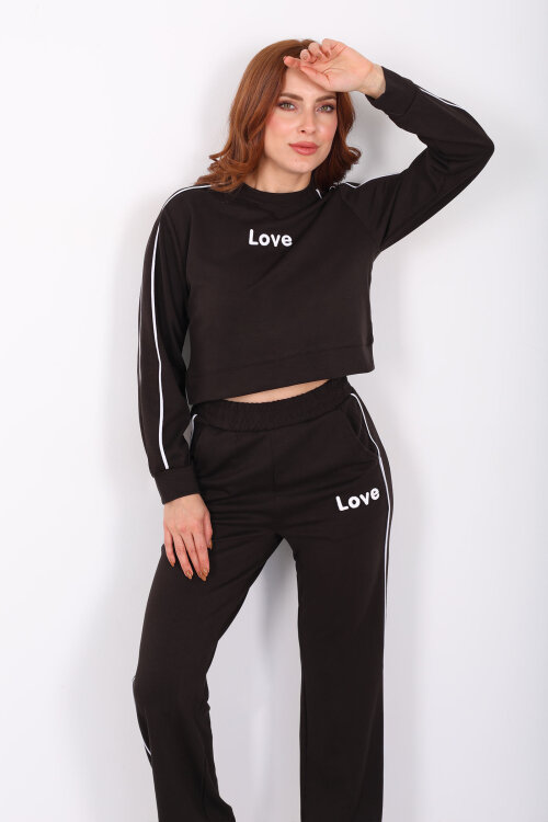 Love Baskılı Biyeli Kadın Acı Kahve Modal Takım - Berox