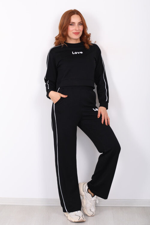 Love Baskılı Biyeli Kadın Siyah Modal Takım - 3