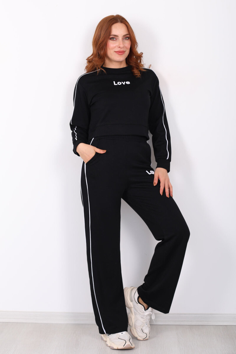 Love Baskılı Biyeli Kadın Siyah Modal Takım - 3