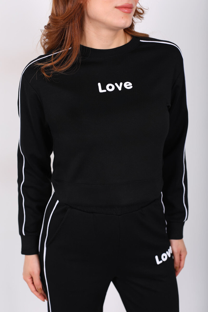 Love Baskılı Biyeli Kadın Siyah Modal Takım - 2