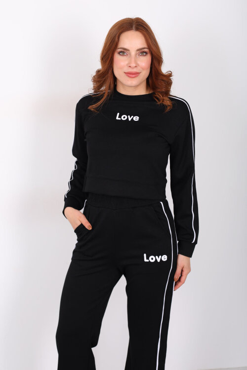 Love Baskılı Biyeli Kadın Siyah Modal Takım - 6