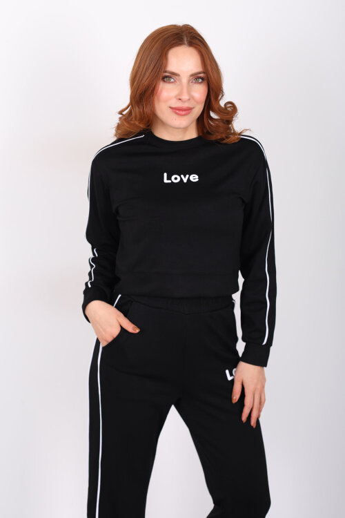 Love Baskılı Biyeli Kadın Siyah Modal Takım - 4